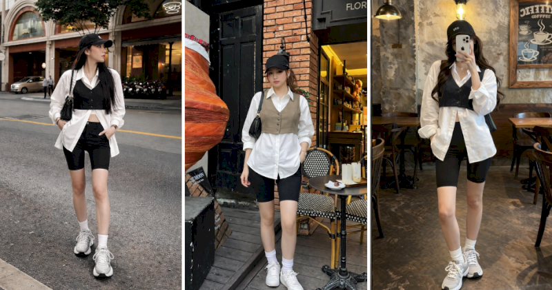 Sơ mi oversize phối gile croptop và quần biker shorts cá tính